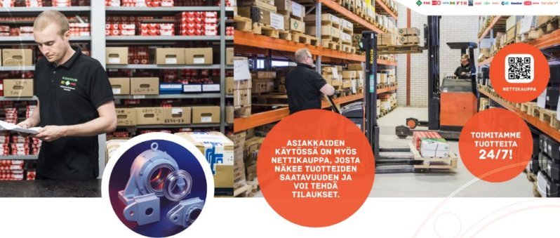 Laakeri-Center Oy Ab Tietoa meistä -kuvituskuva, jossa varasto ja työntekijöitä
